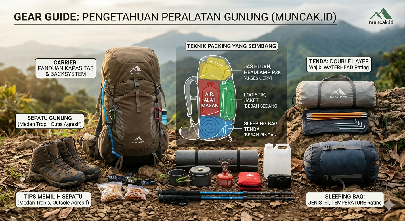 Panduan Lengkap Memilih & Menata Alat Gunung: Tips Sepatu, Carrier, Tenda, hingga Packing Seimbang